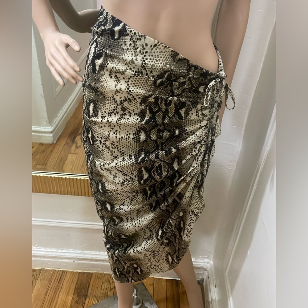 MABLE Brown Tan Asymmetrical Wrap Midi Skirt - Picture 9 of 12